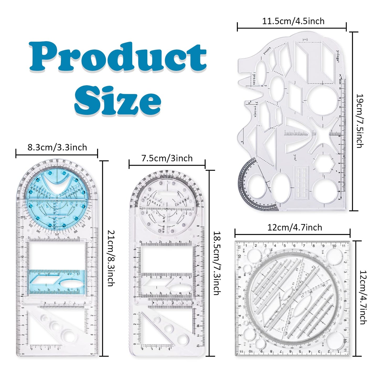 4 Pack Multifunctional Geometric Ruler, Mathematics Measuring Tool Draft Rulers Set, Rotatable Circular Drawing Template Ruler for Student Studying Designing Office Supplies (4 Styles)