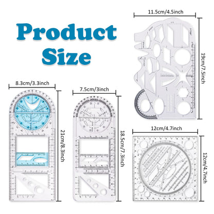 4 Pack Multifunctional Geometric Ruler, Mathematics Measuring Tool Draft Rulers Set, Rotatable Circular Drawing Template Ruler for Student Studying Designing Office Supplies (4 Styles)