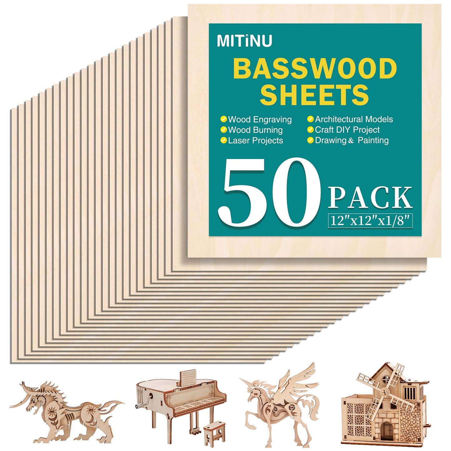 MITINU 50 Pack Basswood Sheets for Crafts,12"x12"x1/8" 3mm Thick Plywood Sheets with Smooth Surfaces-Unfinished Squares Wood Boards for Laser Cutting, Wood Burning, Architectural Models, Staining