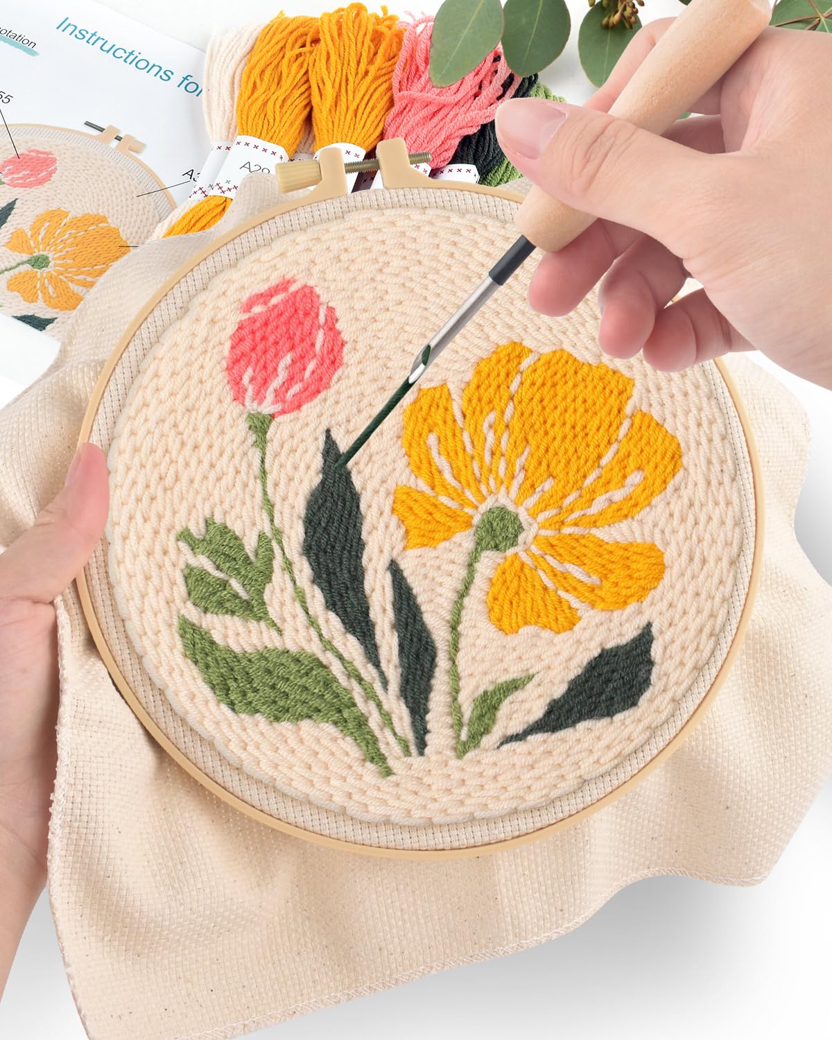ERKOON Punch Needle Kit Adults Beginners, DIY Easy Floral Embroidery Set for Starter Art Craft, Needling Punch Project with Patterns, Tools, Yarns, Hoop, Instruction (Rhubarb Flowers)