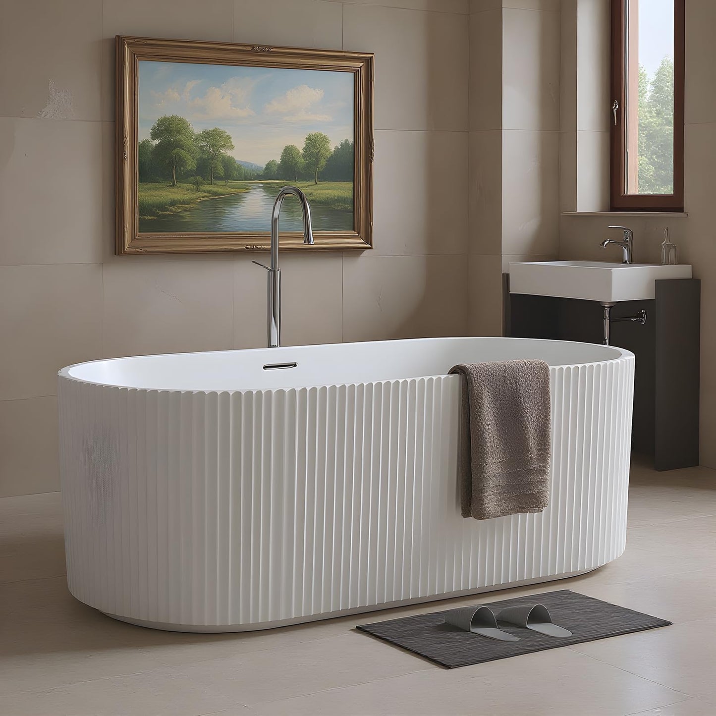 59" Free Standing Tub, Acrylic Soaking Bathtub, Stand Alone Freestanding Tub with Matte Sliver Drain and Overflow, Contemporary Bathtub for Bathroom, Pleated Gloss White