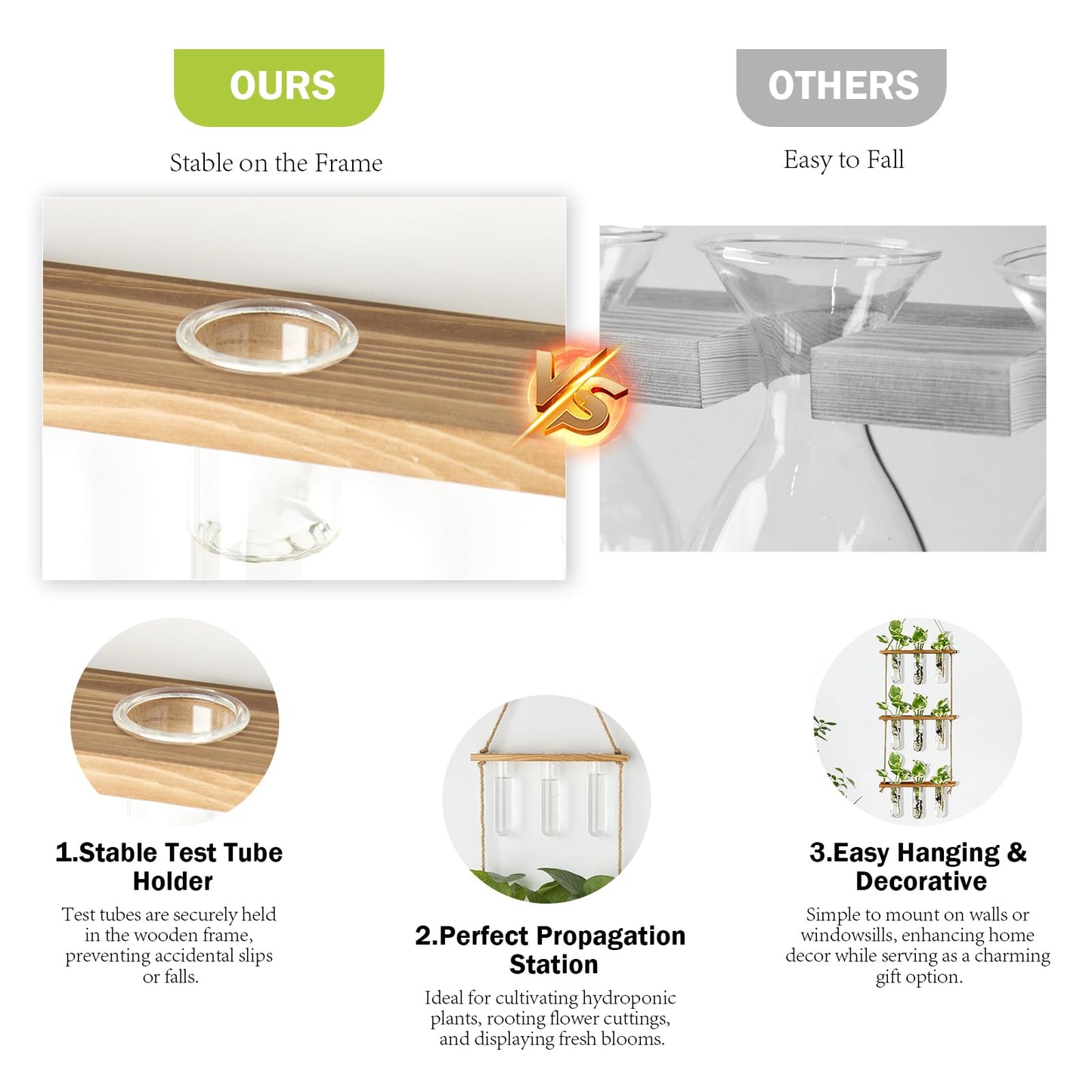 XXXFLOWER Wall Hanging Propagation Station with Wooden Stand Glass Test Tubes Tiered Planters Wall Terrarium for Home Office Plant Hanger Flower Vases Wall Decor Hydroponic Cuttings (9 Tube Vases)