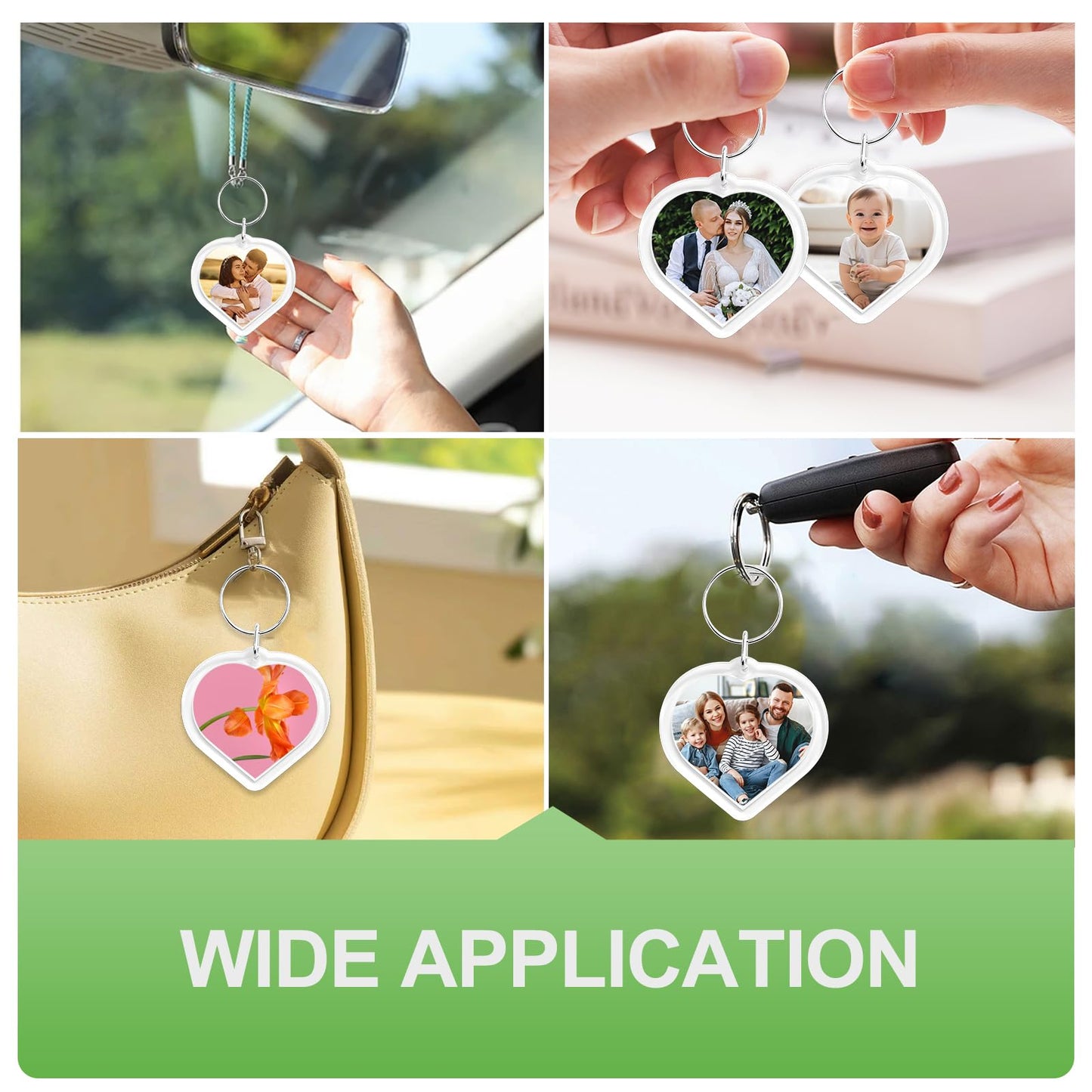 BRT Bearingshui 50pcs Pendant Picture Frame Keyrings, Clear Acrylic Photo Frame Keyring Holder, Make Your Own Personalized Keyring Kit, Heart Shaped Blank Photo Insert Keychain for DIY Craft