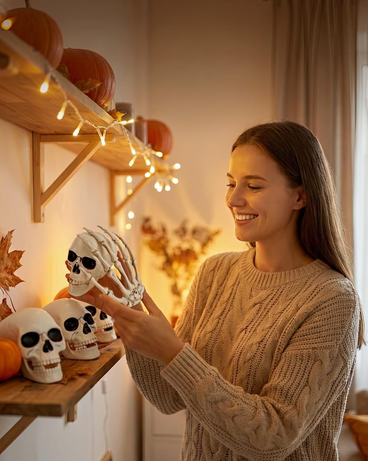 Sivlnian Halloween Skull Decorations Set, 8 Pack Skeleton Heads with Hands, 4.3 Inch Miniature Human Skull Heads, Spooky Haunted House Props for Halloween Party, Yard and Indoor Decorations, Plastic