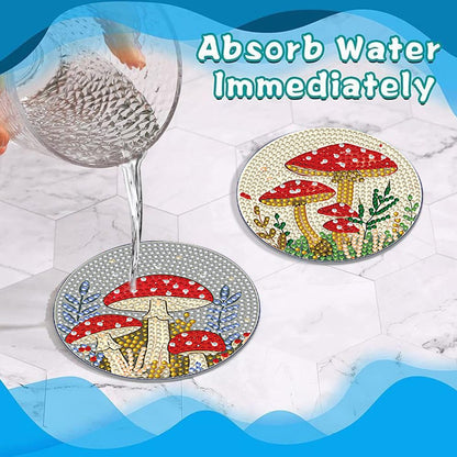 PERFECTSIGHT 8 Pcs DIY Diamond Art Painting Coasters with Holder, Cute Diamond Paint Coaster Kits for Adults, Kawaii Full Drill Diamond Art Craft Paint by Number Non Slip Coaster - Beige Mushroom