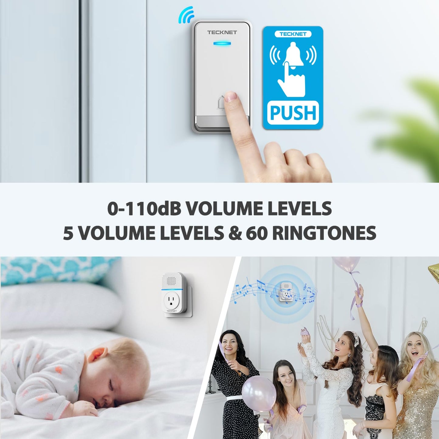 TECKNET Wireless Doorbell, Self-Powered Doorbell, 0-110db Plug-through Wireless Doorbell Ringer for Homes Classroom, IP66 Waterproof 1300ft Door Chime with Extra Socket, 60 Chimes, LED Light (White)