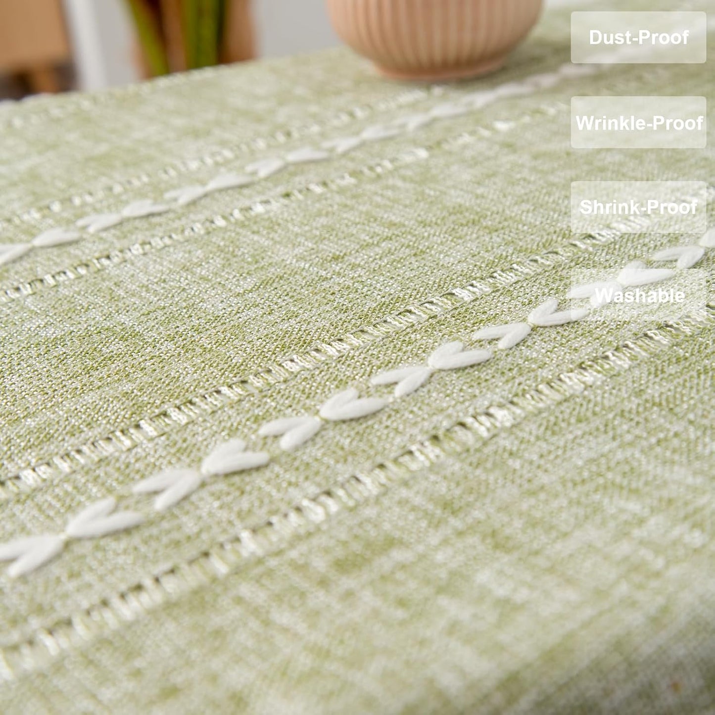 24 Inch Rustic Linen Bedside Round Small Tablecloth Striped Embroidered Washable Sage Green Table Cover Farmhouse