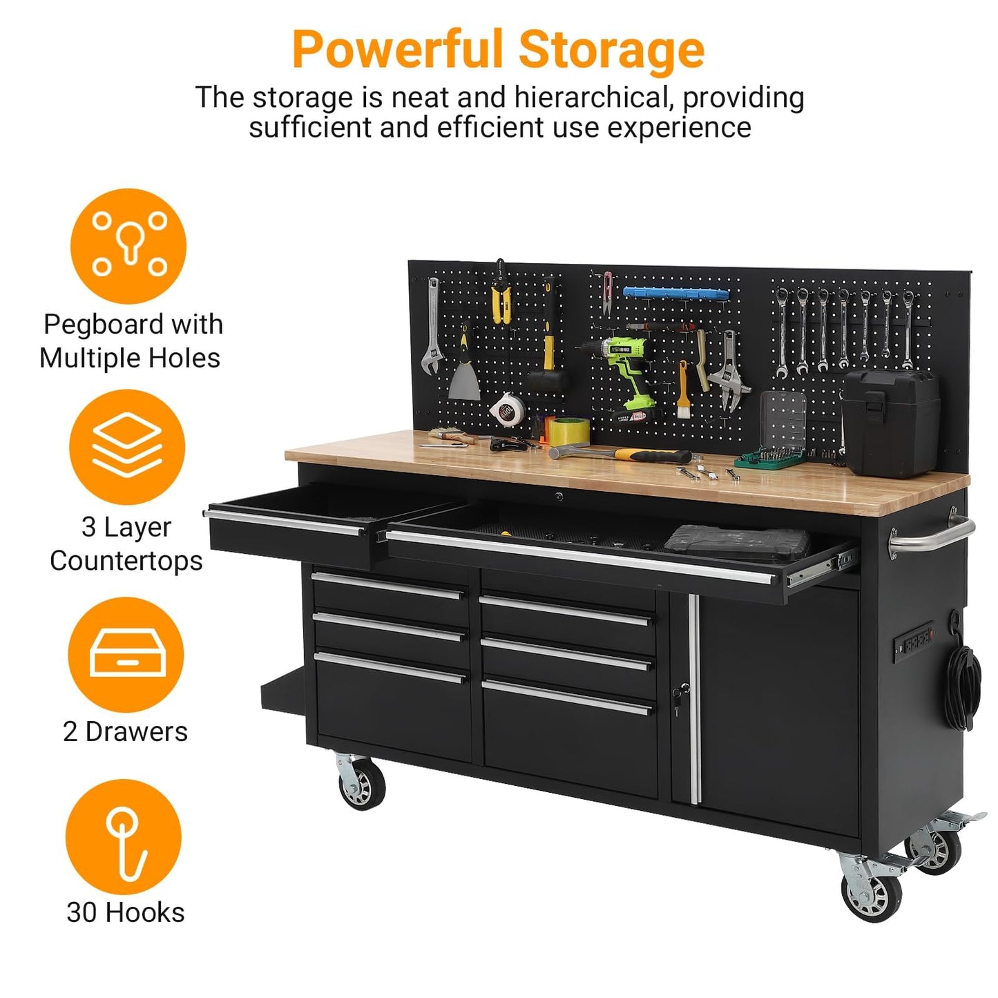 61 Inch Rolling Tool Chest, 10 Drawers Garage Workbench Storage Tool Cabinet with Rubber Wood Top, 1675 LBS, Power Strip, Locking System, Drawer Liners for Garage, Warehouse and Repair Shop, Black