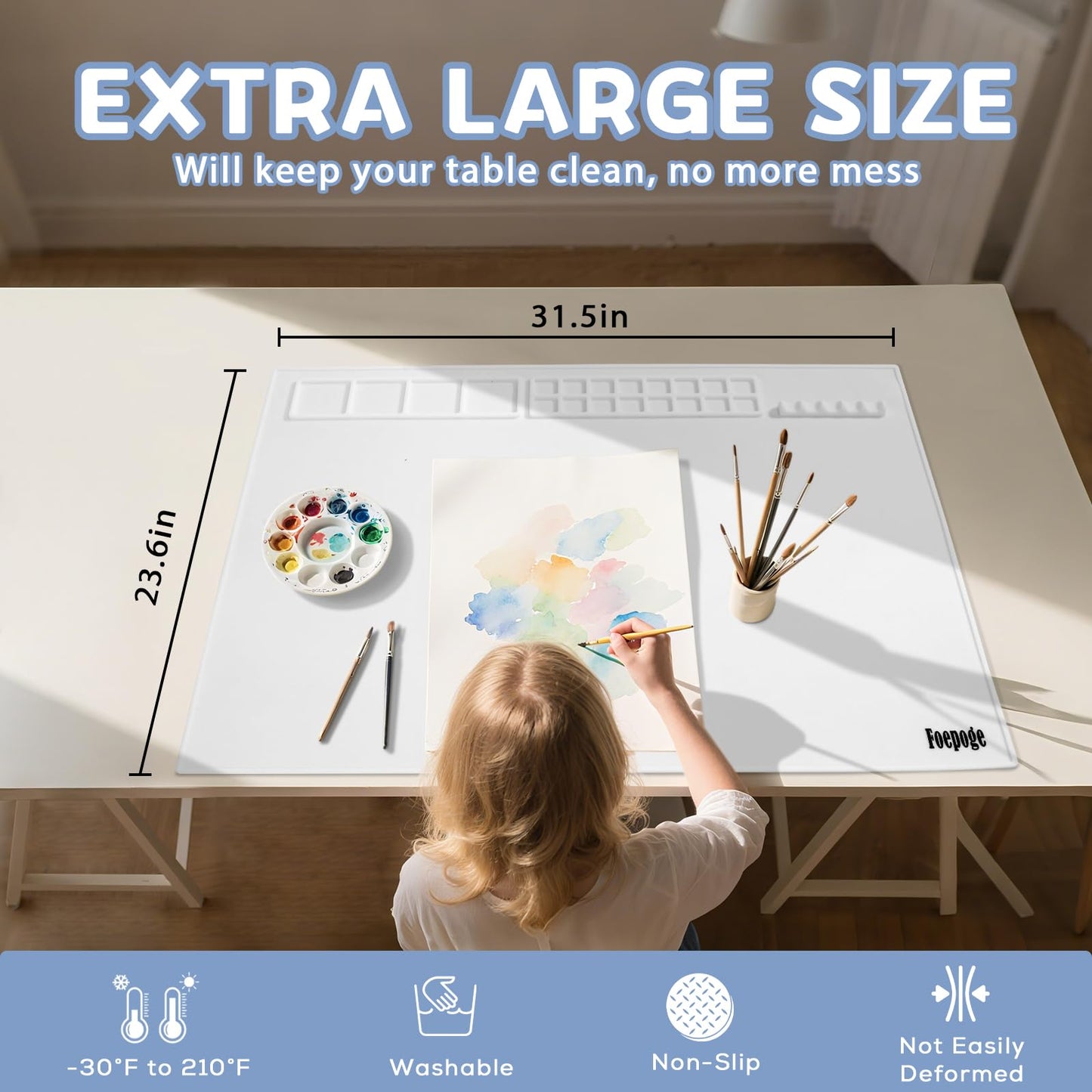 31.5" x 23.6" Extra Large Silicone Craft Mat for Table, Silicon Art Mat with 16 Paint Palette, 4 Color Mixing Grids & 5 Brush Holder, Multifunction Silicone Painting Matt for Crafts by Fogpoge, White