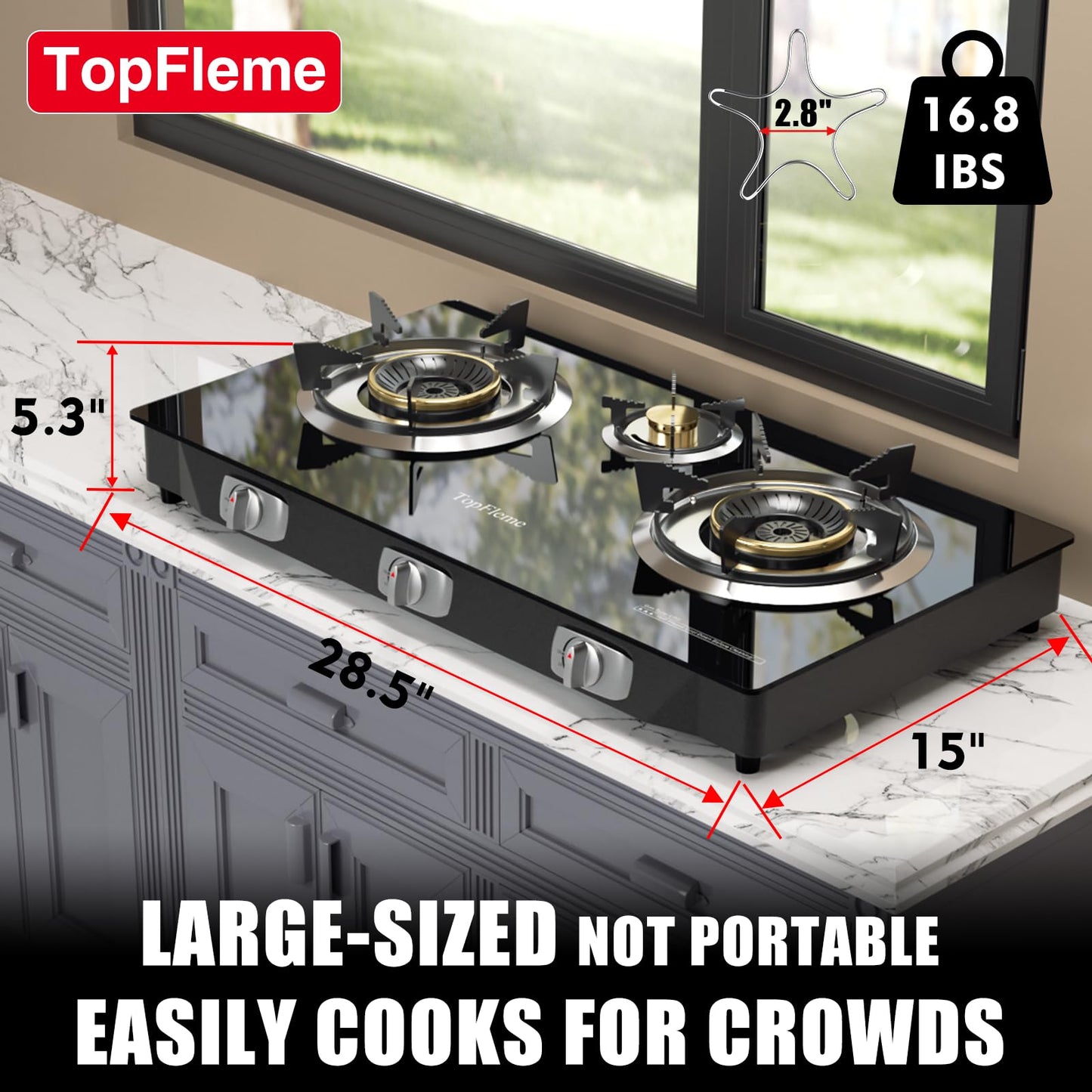 TopFleme 3 Burner Propane Stove 32,300 BTU High-Efficiency Tempered Glass Auto-Ignition Gas Burner Stove Top with CSA Hose for Outdoor RV Camping Emergency Cooking