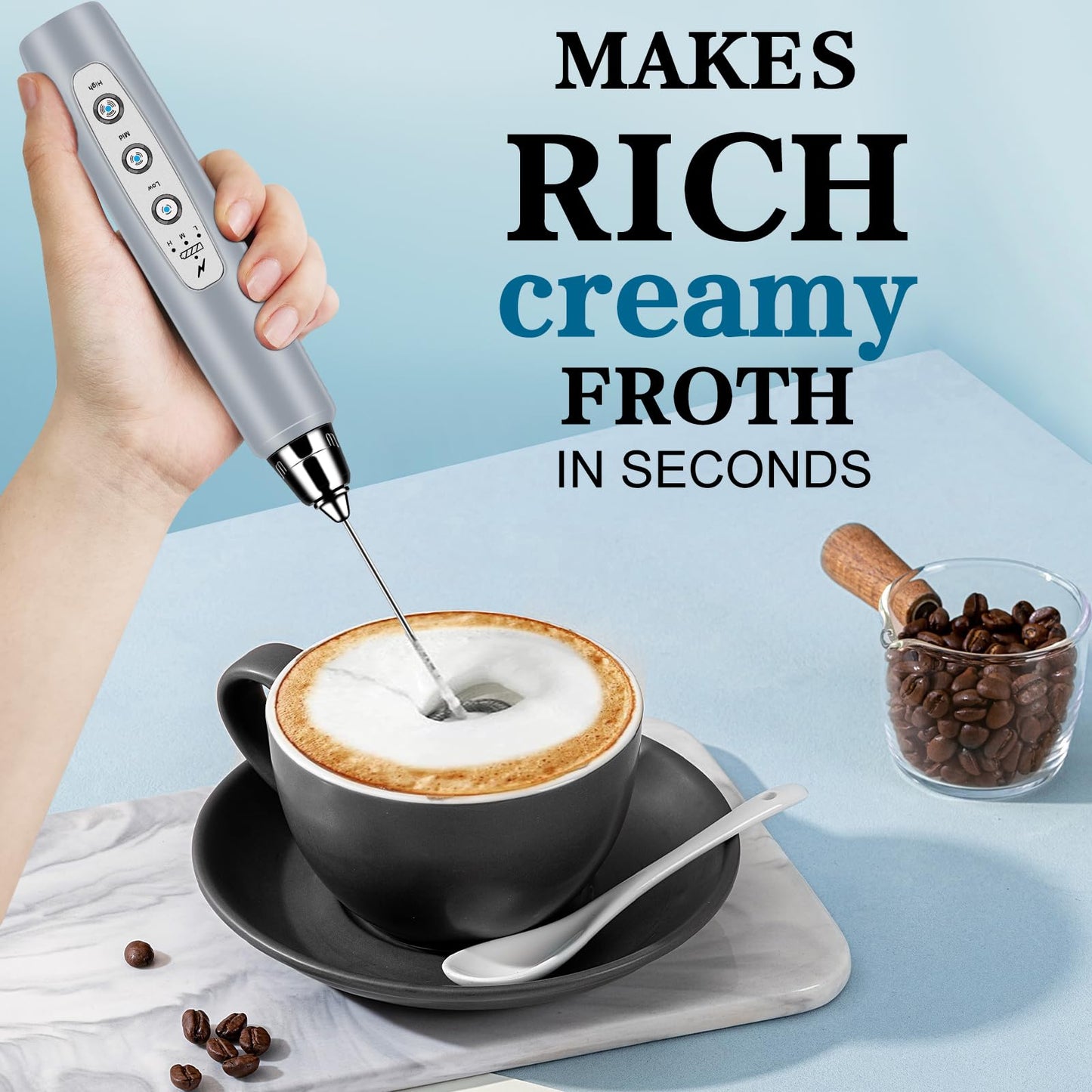 Milk Frother Handheld for Coffee, Electric Whisk 3 Speed Adjustable, Drink Mixer with Stainless 3 Whisks, Rechargeable Hand Frother Wand, Foam Maker for Latte Cappuccino Matcha Egg Silver