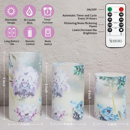 Silverstro Hydrangea Flameless Candles with Remote Blinks Glass Real Wax LED Candles - Home Party Wedding Romantic Love Theme Summer Holiday Decor - Set of 3