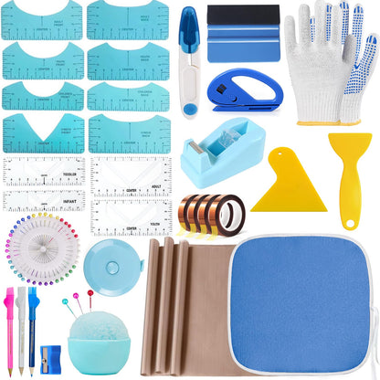 QUKLOGEN Sublimation Shirts Tool Kits Shirt Measure Ruler Set Include 12 T Shirt Guide Ruler,Portable Pad for Ironing,Teflon Sheet for Heat Press,Heat Resistant Tape Craft Sewing Accessories