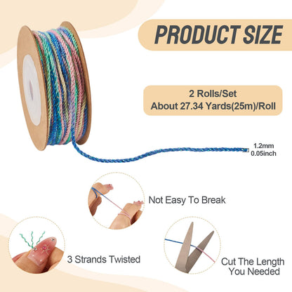 KISSITTY 2 Roll 164 Feet Cotton Twine String 1.2 mm Bakers Twine Packing Rope Cords for Crafts Jewelry Making Bracelets Necklace Gift Wrapping Gardening Weave Braid Hanging Gradient Blue