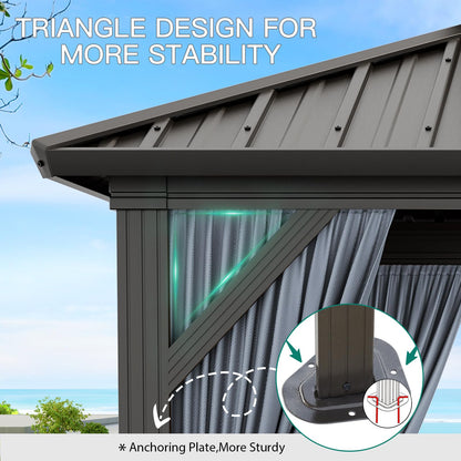 GarveeLife 10x10 ft Double Roof Hardtop Gazebo, Heavy Duty Galvanised Steel Hardtop Pavilion with Nettings and Curtains, Aluminum Gazebo for Patio, Terrace, Lawn and Deck, Grey