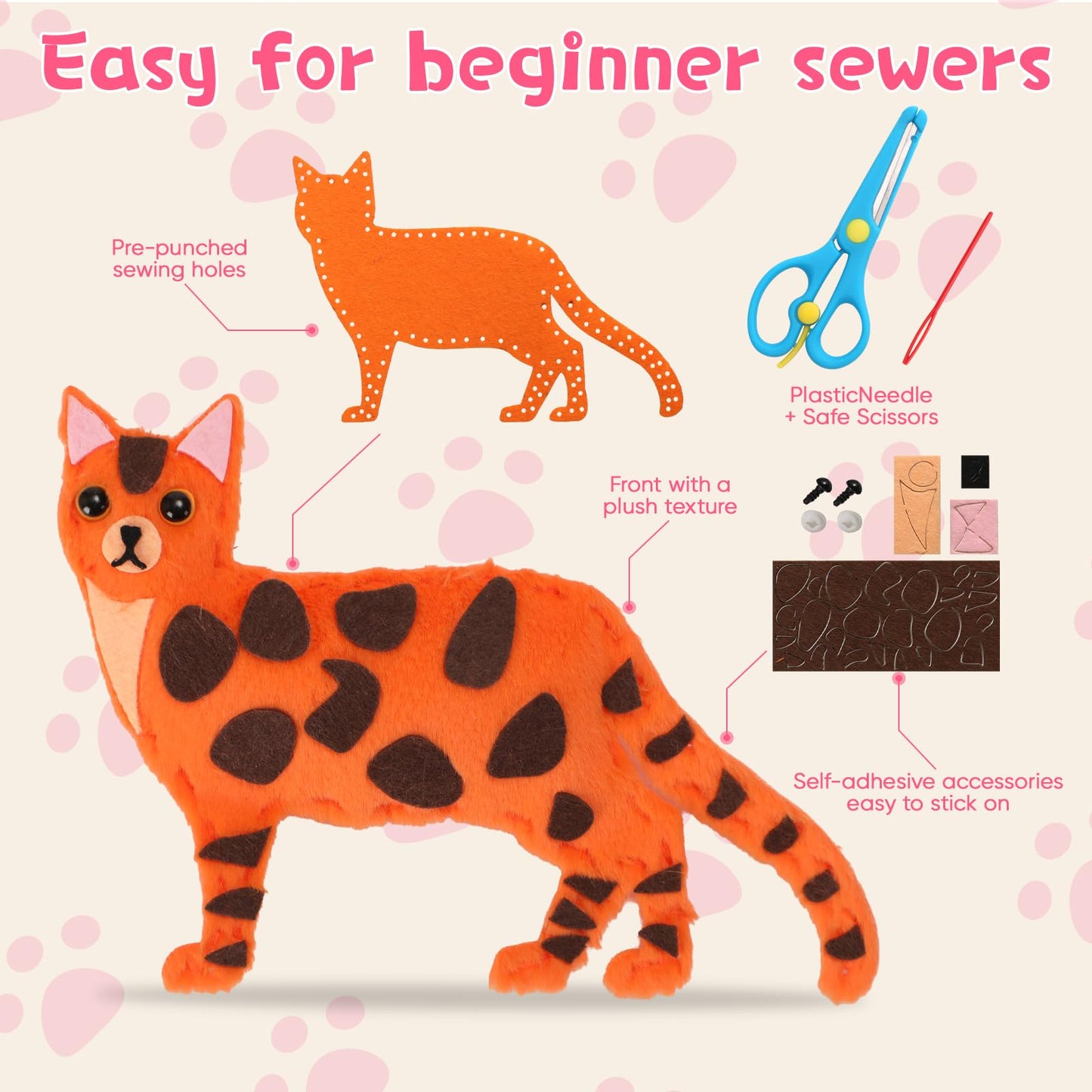 CiyvoLyeen Sewing Kit for Kid Beginner Arts & Crafts 12 Easy DIY Projects of Stuffed Sewing Set Animal Toys of Puppies & Kittens Kit Toy Gift for Girl Boys Learn to Sew Ages 6 7 8 9 10 11 12