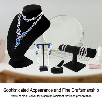 SENONAPO 6 Pcs Velvet Jewelry Display Set- Velvet Necklace Bust Holder Mannequin Bust & T-Bar 2 T Shape Earring Stand 2 Ring Finger Jewelry Holder Bracelet Organizer for Jewelry Showcase