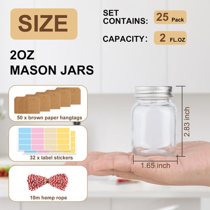 CARBLIN 25 Pack 2 oz Mason Jars with Silver Lids, Mini Glass Jar for Ginger Shots, Small Juice Shot Bottles with Caps, Container for Beverage Storage Candle Gifts Honey Jam Spices Party Favors
