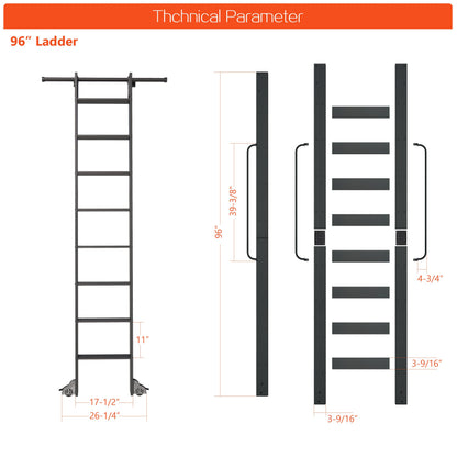 DIYHD 96" Lightweight Sliding Library Ladder with Handrail, Rolling Bookshelf Ladder with 4FT Rail System, Telescopic Top Hook, Upright Space-Saving Storage Design, 8 Steps, 300 Pound Capacity, Black