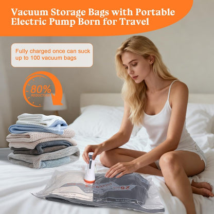 Vacuum Storage Bags for Travel with Rechargeable Air Pump - 16 Pack Vacuum Seal Bags for Clothing Space Saver, Compression Packing Bags for Suitcase Luggage, Blankets, Bedding, Seasonal Storage