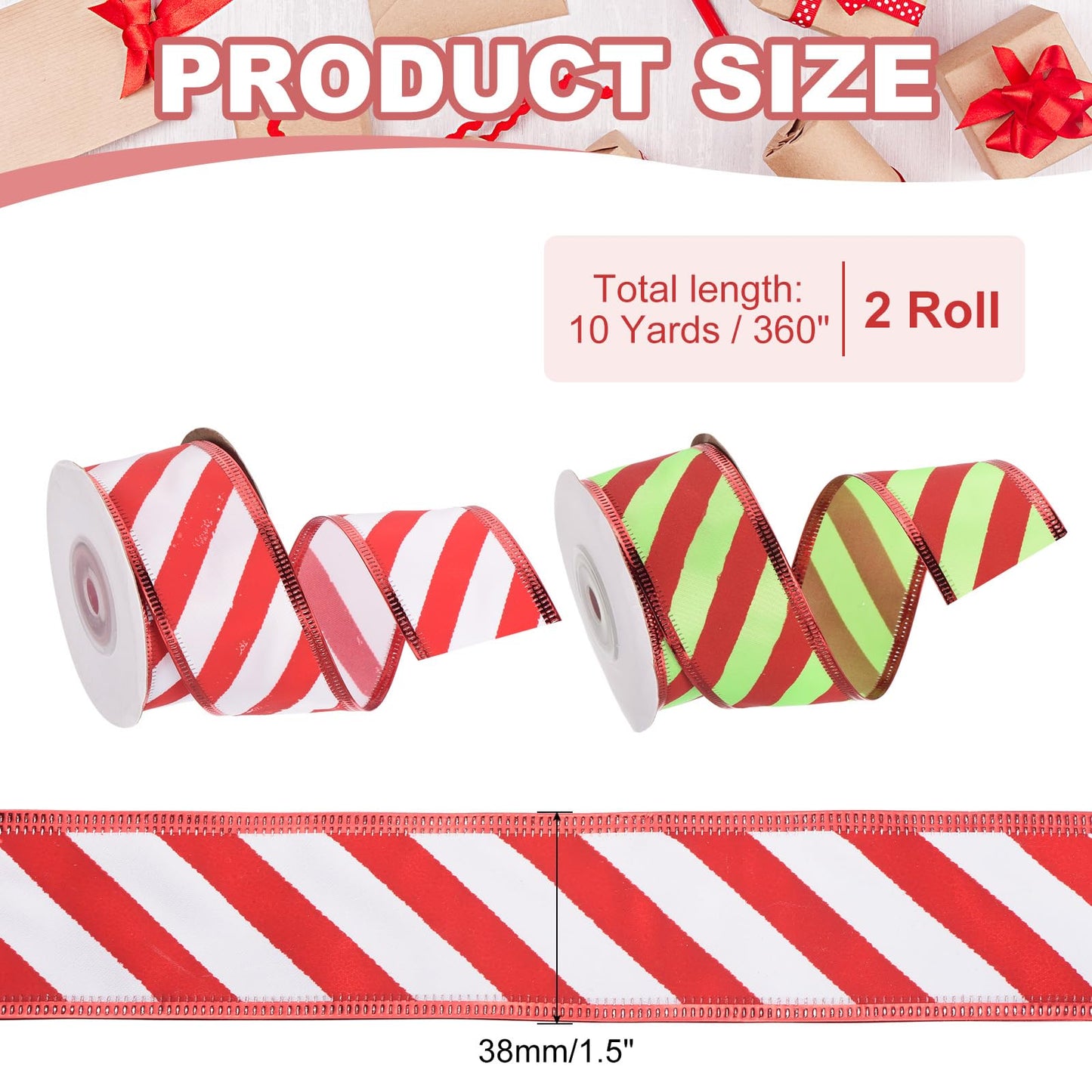 PATIKIL 20 Yards x 1.5" Striped Ribbon, Wired Gift Wrapping Ribbon Satin for Christmas Craft Birthday Wedding Festival Wreath, Red White/Red Green