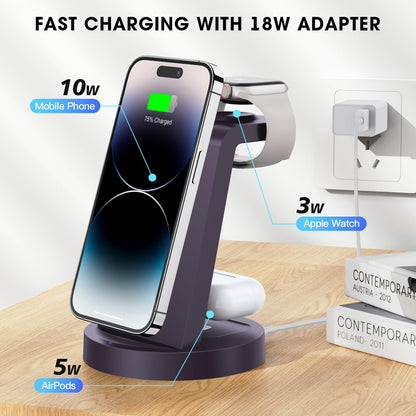 3 in 1 Charging Station for iPhone, Wireless Charger for iPhone 17 16e 16 15 14 13 12 11 X Pro Max & Apple Watch - Wireless Charging Station for AirPods 4 3 Pro