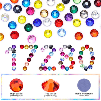 24 Colors Hotfix Rhinestones Kit, SS6 Glass Flatback Crystals Rhinestone for Clothes, Hats, Shoes & Crafts with 4 Tools, Tweezers, Wax, Pencil, Spoon hot fix kit