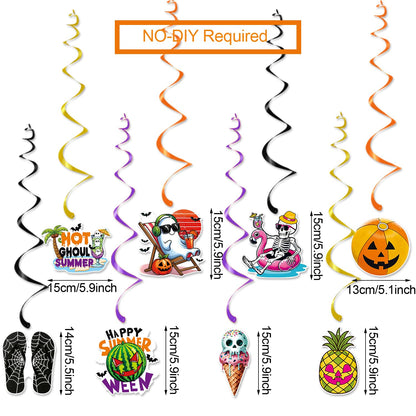 Glittery Happy Summerween Banner Summerween Hanging Swirls Decorations Circle Dots Garland Honeycomb Ball Paper Fan Set for Summer Halloween Birthday Party Halloween in Summer Ghost Party Decorations