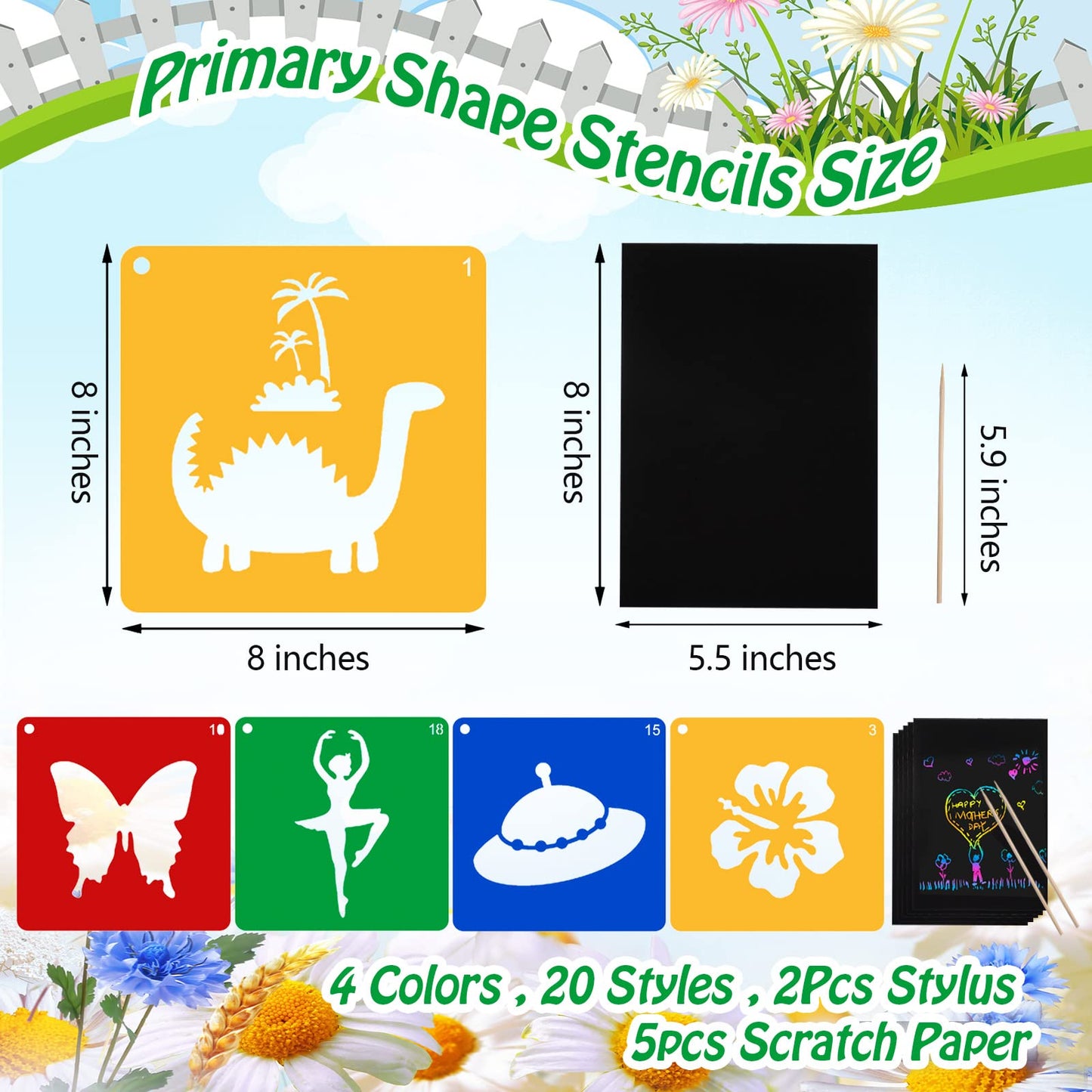 20 Pieces Stencils for Kids with 5 PCS Scratch Paper, 8 x 8 Inch Large Stencils Washable Craft Fun Chalk Template for Boys and Girls to Learn Painting