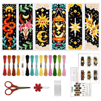 ORIGACH 6 Pcs Cross Stitch Bookmark Kit for Beginner Adults, Tarot The Sun and Star Stamped Embroidery Bookmark Kit with Instruction for Starters Printed Cross Stitch DIY Kits for Book Lovers