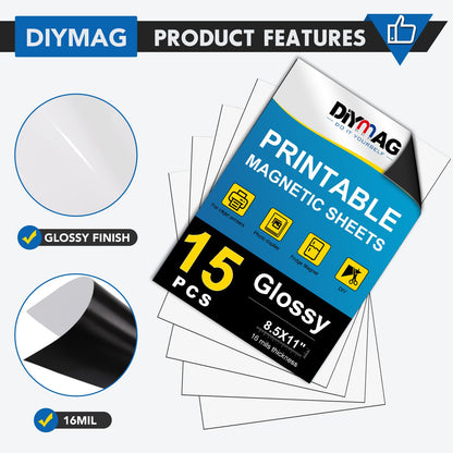 DIYMAG Printable Magnetic Sheets, Flexible Magnet Sheets Glossy Non Adhesive Magnetic Paper for Inkjet Printer Photo DIY Crafts 8.5 x 11 Inch 15Pcs