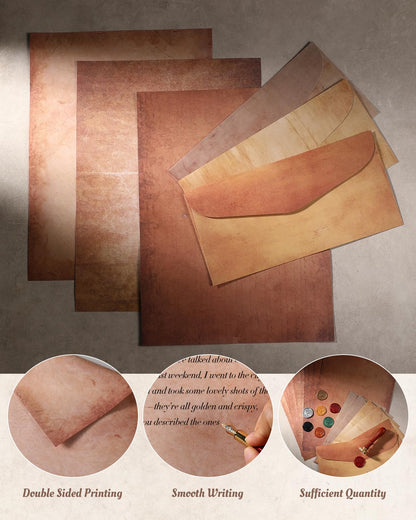 Comealltime 42Pcs Vintage Paper and Envelopes Set, 15 Stationary Letter and Envelopes, 8 Wax Seal Sticks, Wax Spoon, Life Tree Stamp and 2 Tea Candles for Xmas Wedding Party Invitation Love Letter