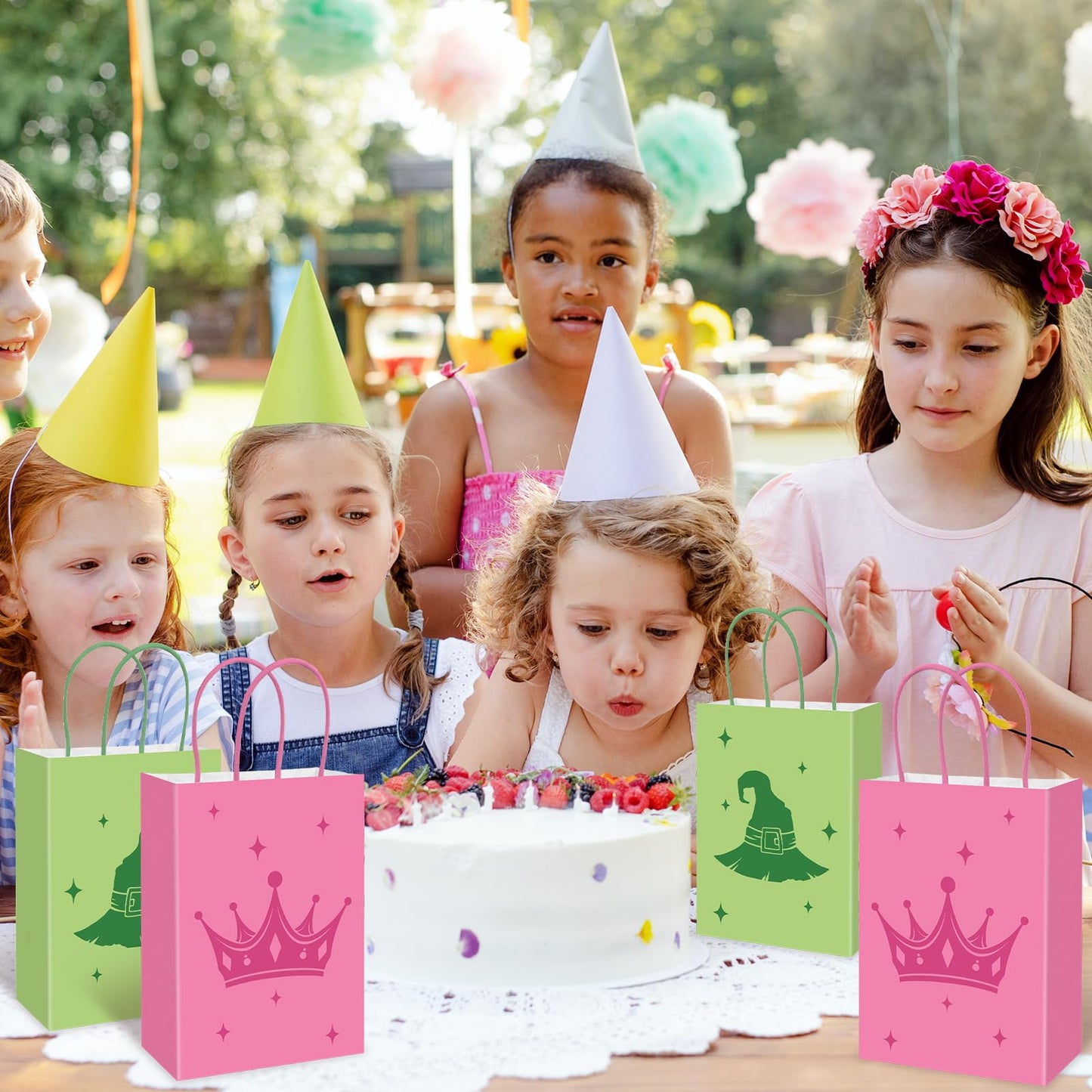 FYSUIMU 24Pcs Witch Paper Bag Pink and Green Party Favor Bags Candy Bags with Handle for Halloween Birthday Baby Shower Princess Birthday Favors Supplies
