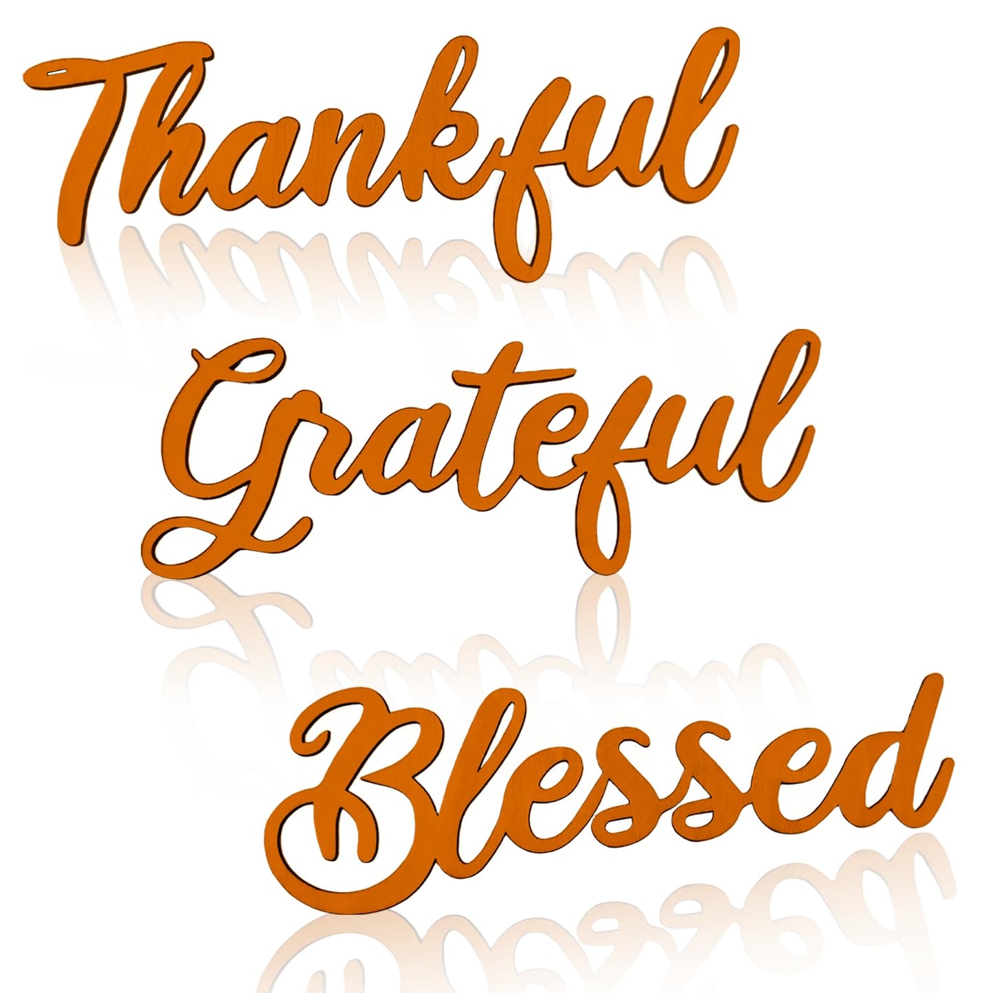 Zaruatu 3 Pcs Unfinished Wood Thanksgiving Cutout Thankful Grateful Blessed Word Sculptures Sign Wooden Letter Decorations for Wreath DIY Crafts Door Hanger Wall Art Decor (Orange-Thankful)