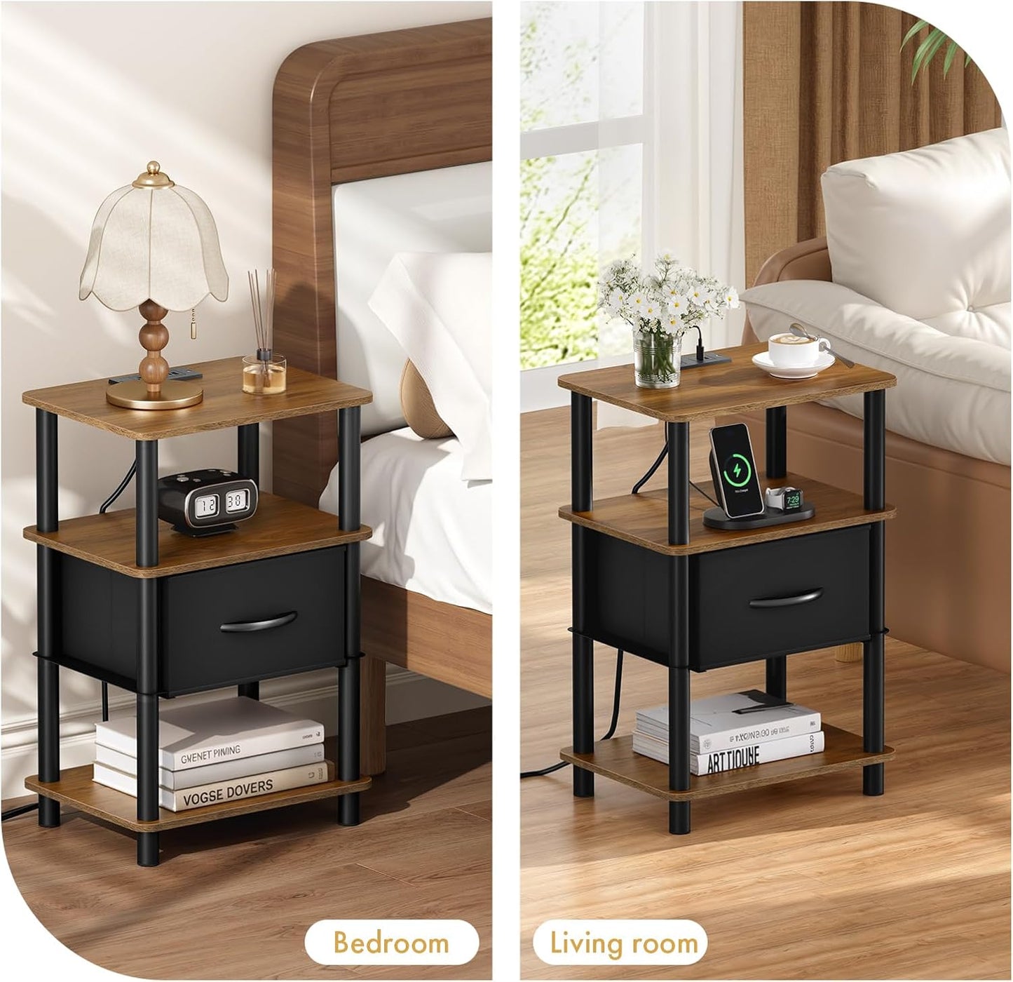 3-Tier 2-Min Bedroom Nightstand with Charging Station, Bedside Table with Adjustable Fabric Drawer, Night Table