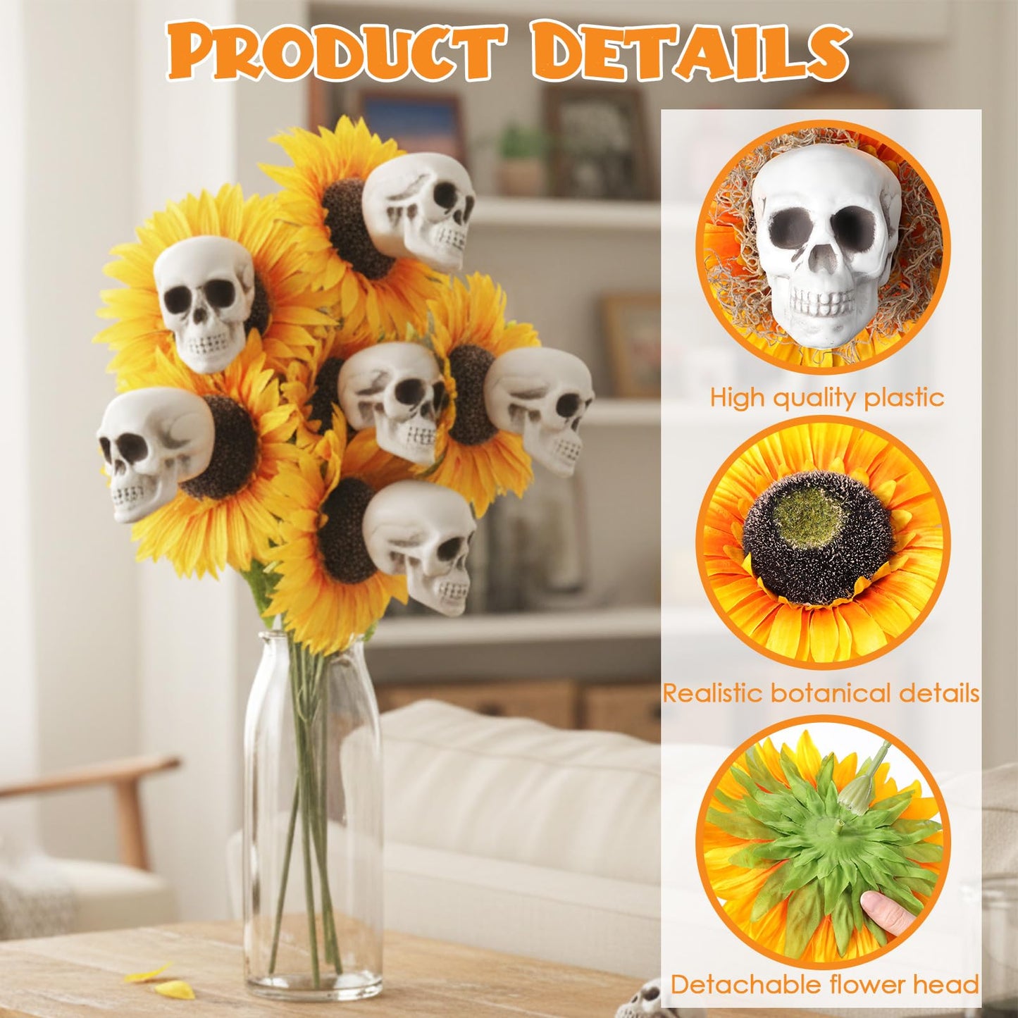 AceOrbit 6 Sets Halloween Skull Sunflower, Include 3" Skeleton Head Small Skulls 8.3" Artificial Sunflowers Natural Dried Moss for Halloween Party Decoration Props Spooky Yard Table Decor