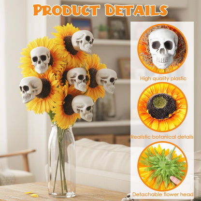 AceOrbit 6 Sets Halloween Skull Sunflower, Include 3" Skeleton Head Small Skulls 8.3" Artificial Sunflowers Natural Dried Moss for Halloween Party Decoration Props Spooky Yard Table Decor