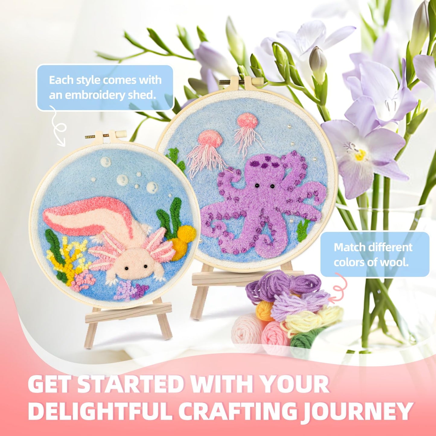Punch Needle Kits Adults Beginner,Punch Needle kit for Beginners, Embroidery kit for Beginners,Includes All Tools and Materials,Easy to Follow Instructions and Videos-(Axolotl+Octopus)