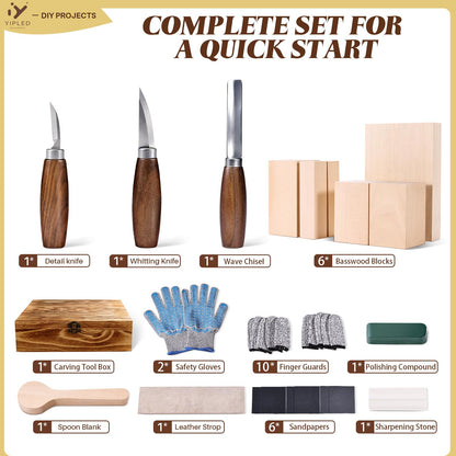Wood Carving Kit for Beginners, Wood Carving Tools with 3Pcs Whittling Knife 7Pcs Basswood Carving Blocks, Grade 5 Anti Cutting Gloves, Leather Strop, Polishing Compound, Entry-Level Carving Gift Set