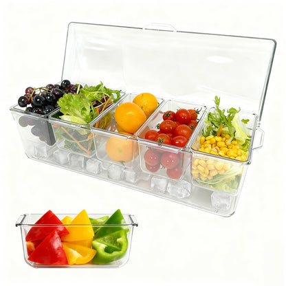 Pesilo Ice Chilled Condiment Server, 5 Removable Compartments Condiment Containers with Lids Drain Plug, Clear Garnish Tray Serving Platter Holder for Caddy Fruit Snack Sauce Taco Salad Bar Supplies