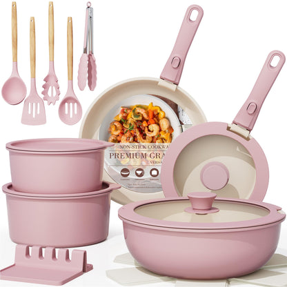 Astercook 21 Pcs Pots and Pans Set Non Stick, Ceramic Cookware Set Detachable Handle, RV Kitchen Cooking Set Removable Handles, Oven Safe, Induction Ready, Stackable Non-stick Set, Pink
