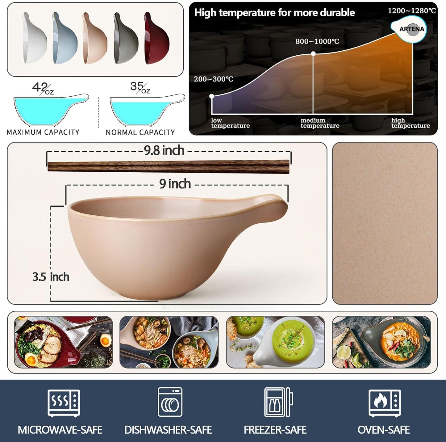 Artena Ramen Bowl with Chopsticks, 42oz Ceramic Noodle Bowl Set, Large Soup, Pasta, Salad, Deep Pho Bowl