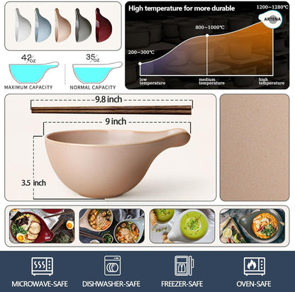 Artena Ramen Bowl with Chopsticks, 42oz Ceramic Noodle Bowl Set, Large Soup, Pasta, Salad, Deep Pho Bowl