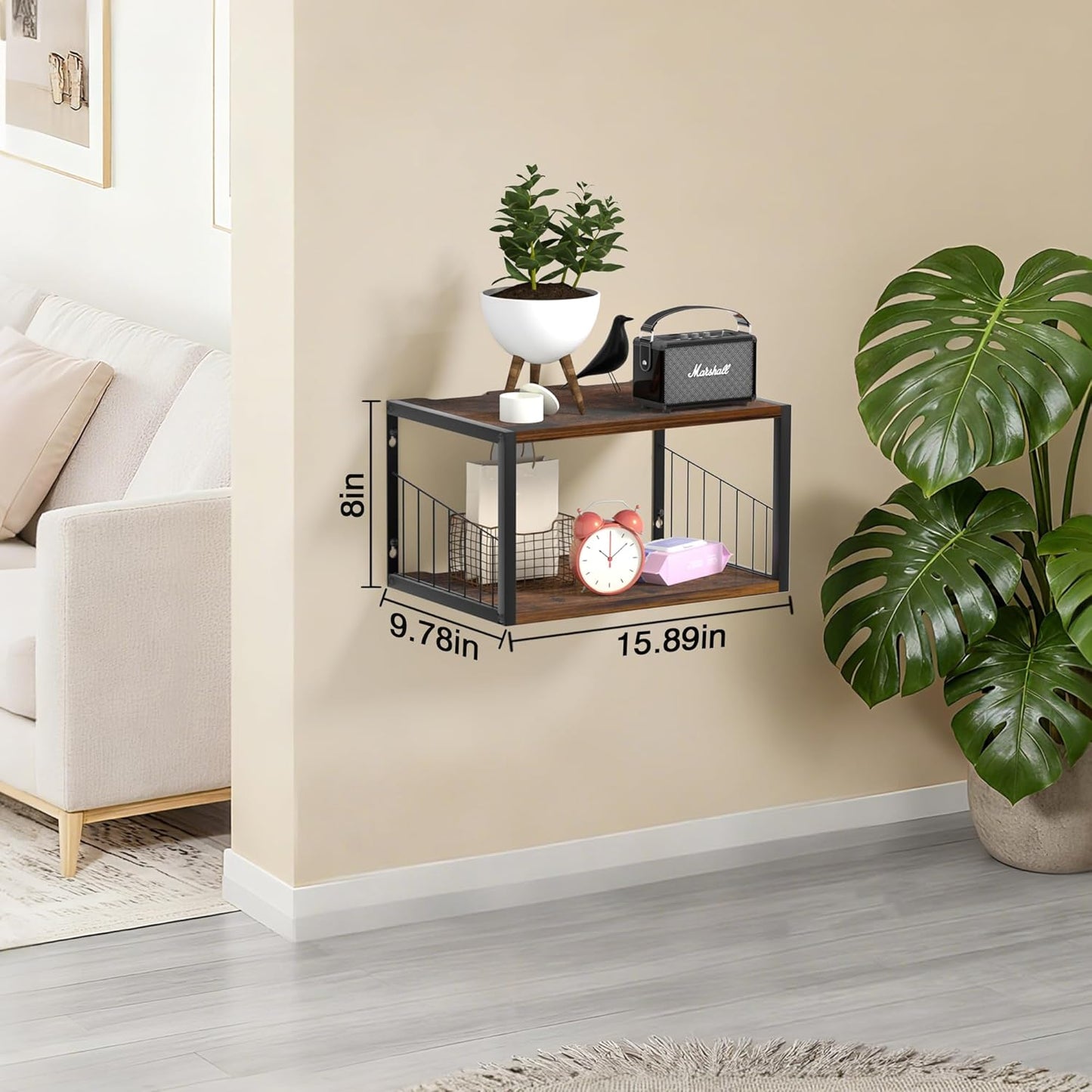 Alytree Floating Nightstand, Wood Floating Bedside Table with Cable Hole, Wall Mounted Nightstand for Bedroom, Living