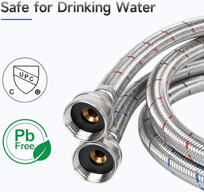 JUWO 4 FT Washing Machine Hoses, 3/4" FHT Stainless Steel Washer Hoses for Short-Distance Water Supply, Red & Blue