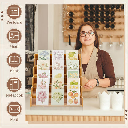 Yuntau 5 Tier Greeting Card Display Stand Wood Color Bamboo and Acrylic Sticker Display Stand Trading Card Holder Retail Photos Shelf for Vendors Craft Collection & Show