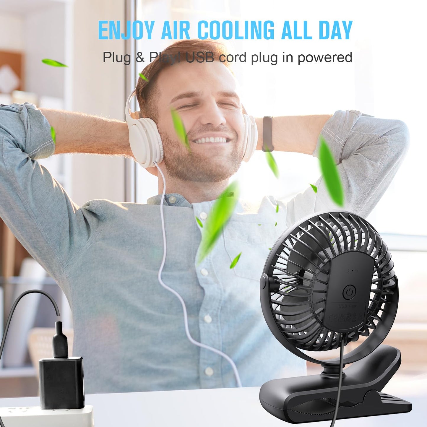BESKAR Small Clip on Fan, 3 Speeds USB Fans with Strong Airflow, Clip & Desk Fans USB Plug in with Sturdy Clamp - Ultra Quiet operation for Office Dorm Bedroom Stroller