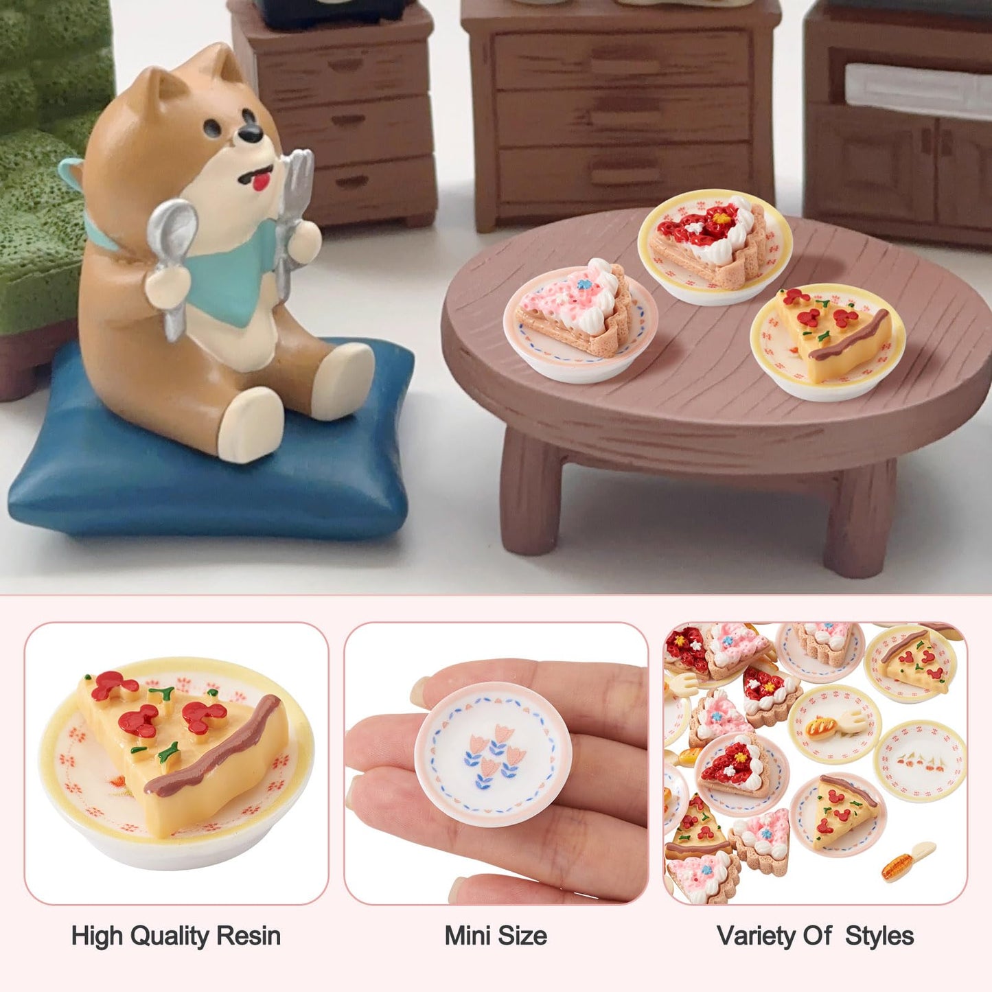 FASHEWELRY 42Pcs Cake Tableware Dollhouse Miniature Accessories Kitchen Tableware Display Ornament Resin Imitation Food Dessert Plate Fork Knife Cabochons for Garden Home Party Landscape Decoration