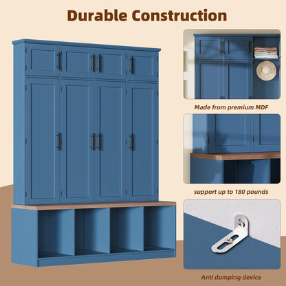 Hall Tree with Entryway Bench and Shoe Cabinet, Multi-Functional Seating Bench with 4 Hanging Hooks and 8 Doors, Blue