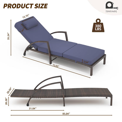 GarveeLife 2-Piece Rattan Patio Folding Chaise Lounge, 5-Position Adjustable Backrest Outdoor Lounge Chair with Cushion and Pillow for Poolside, Backyard, Deck, Porch, Blue